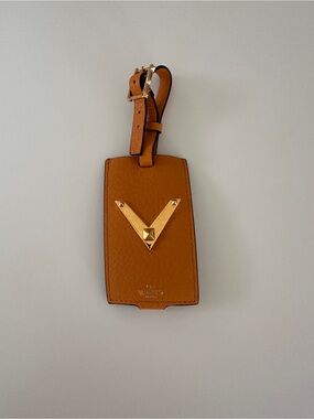 Valentino orange Leather Luggage Tag with Gold V Stud Accent
